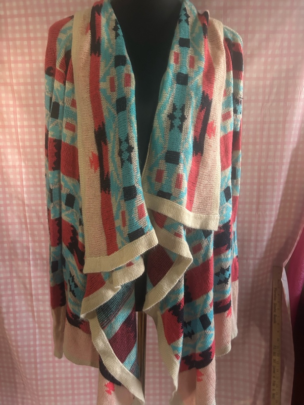 Open-Front Geometric Print Women’s Cardigan in Turquoise & Coral
